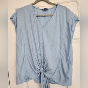 Large light blue v neck knot shirt